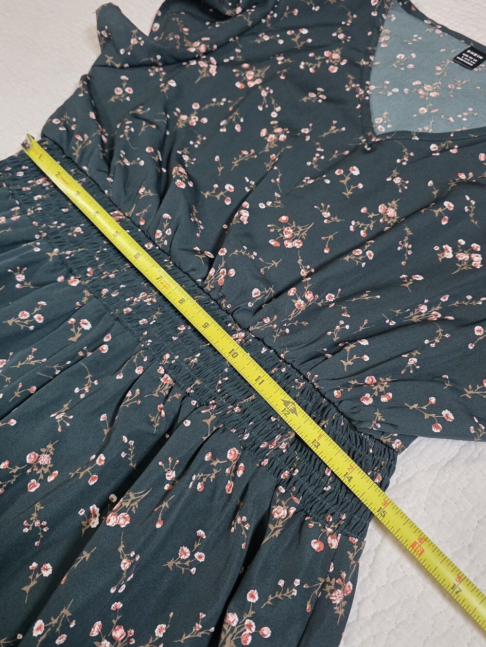 Shein Green Floral V-Neck Smocked Waist Flutter Sleeve Dress - Picture 6 of 8